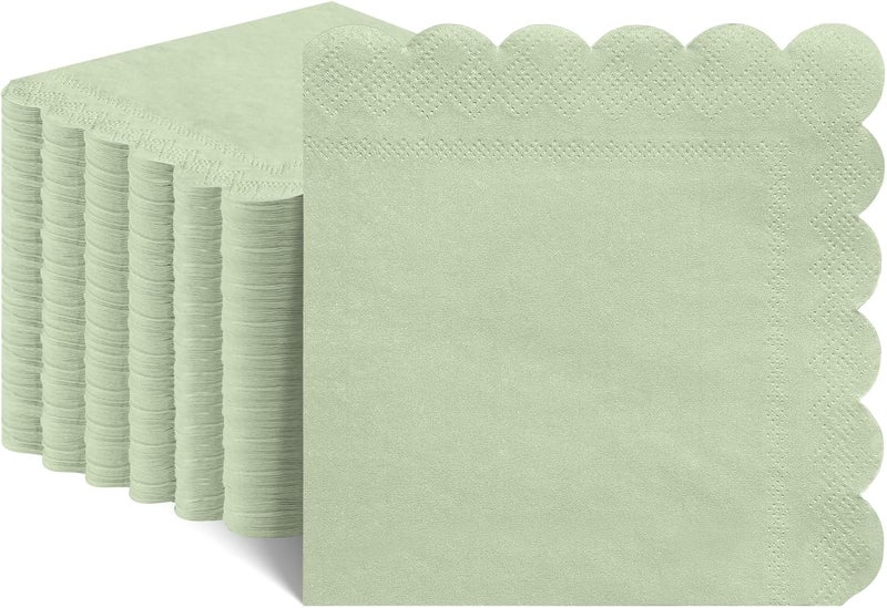 NatNarr 120 Pcs Cocktail Napkins Sage Green Napkins Disposable Dessert Beverage Napkin Scalloped Paper Napkin for Wedding, Bridal Baby Shower, Birthday, 5 x 5 Inch - Image 1